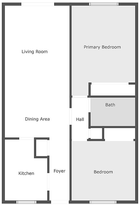 Floor plan for 2 beds, 1 bath, 875 sqft